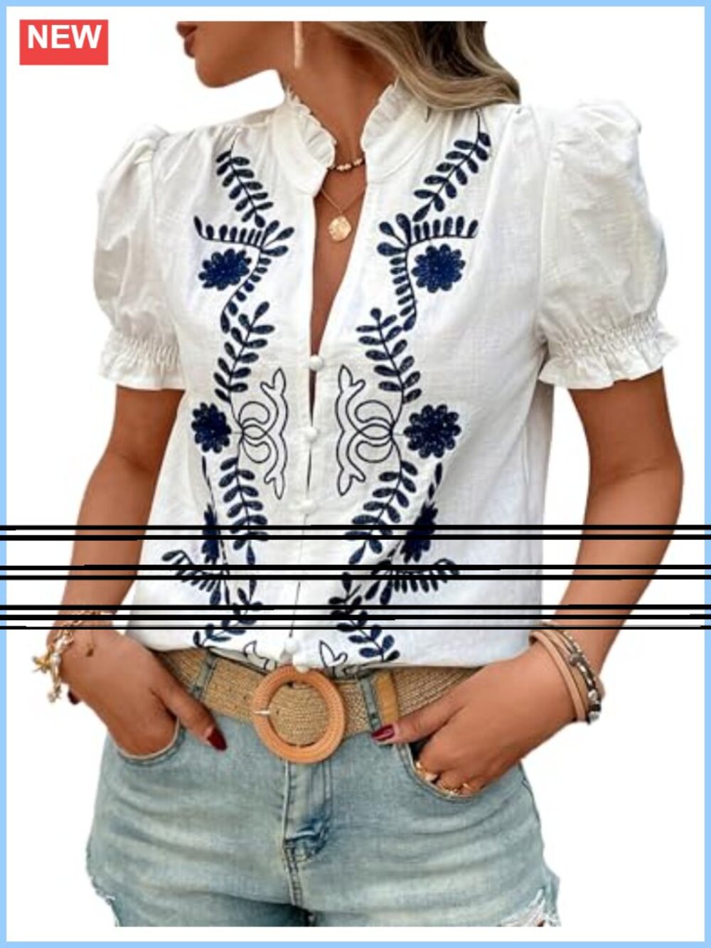 Women's Embroidered Ruffle V Neck Puff Short Sleeve Button Down Blouse